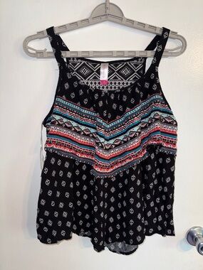 No Boundaries Boho Geometric Tribal Print Cami Tank Top Crochet Back Large 11-13